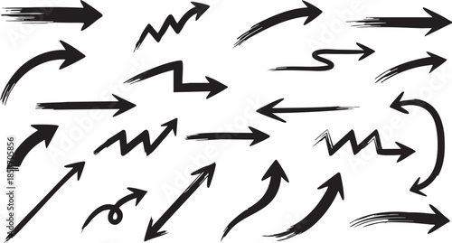Collection of hand-drawn black arrows with various styles and directions, featuring a brushstroke effect.