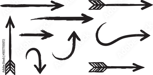 A collection of hand-drawn black arrows in various styles and directions, including straight, curved, and feathered designs, on a white background.