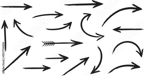 A collection of hand-drawn black arrows pointing in various directions and styles on a white background.