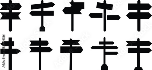 Directional signpost silhouettes, wayfinding icons, black vector shapes, navigation theme, arrow signs, pole designs, graphic illustration, signpost set, minimal style, silhouette pack,