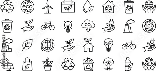 Eco icons, sustainability symbols, recycling, renewable energy, green living, conservation, nature, environment, climate action, zero waste