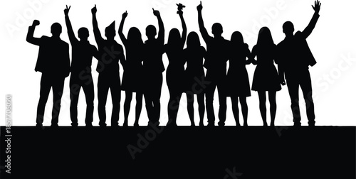 Group of happy friends silhouette standing together with raised hands cheering for success and victory celebrating achievement party event or teamwork unity concept.