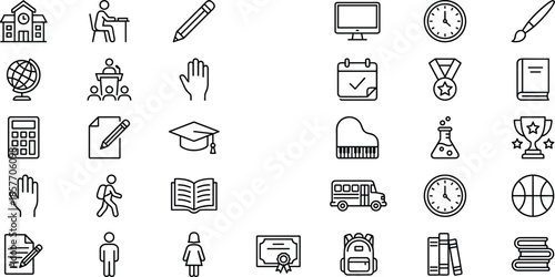 Education icon set, school symbols, academic tools, student life, learning elements, classroom items, black and white icons, graduation cap, school bus, backpack, globe, teacher podium,