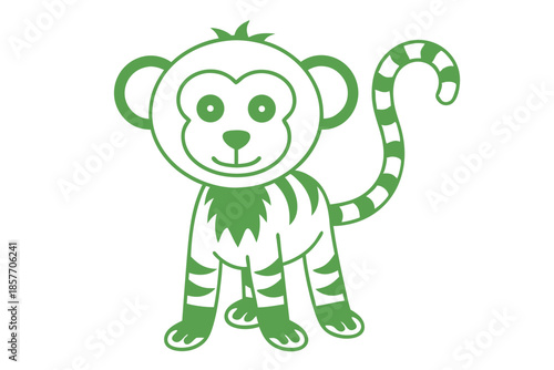 Cute monkey with a striped tail cheerfully stands in green outline against white