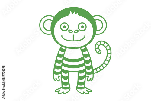 Smiling cartoon monkey wears striped shirt standing in green isolated on white background