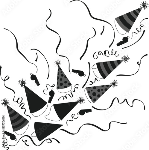 Fun black and white party celebration elements featuring striped and spotted cone hats with curly streamers and blowers for birthday event or holiday greeting card.