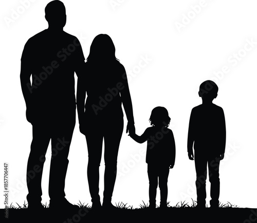 Happy family silhouette standing together holding hands featuring father mother son and daughter showing love unity and bonding for parenting and lifestyle concept.