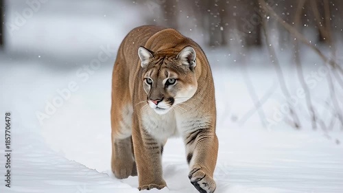 Wallpaper Mural Regal cougar silently navigating a pristine, snow-covered forest during winter, its powerful presence a testament to wild beauty and adaptation in a cold, natural habitat Torontodigital.ca