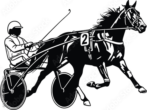 Harness racing horse and driver silhouette illustration showing speed competition equestrian sport black white vector artwork