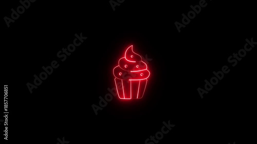 Neon Cupcake Icon. Neon cupcake icon with cherry glowing red color outline on black background.