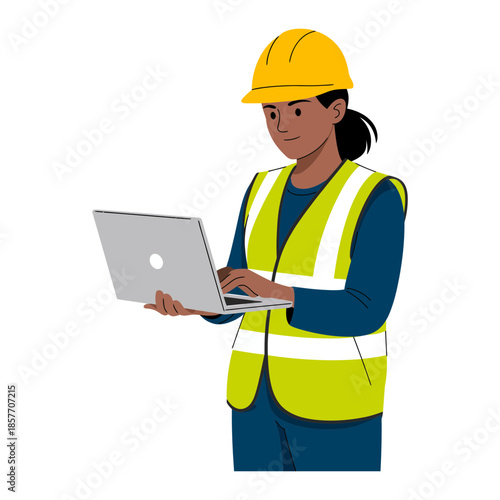 Woman engineer working on a laptop wearing hard hat and safety vest