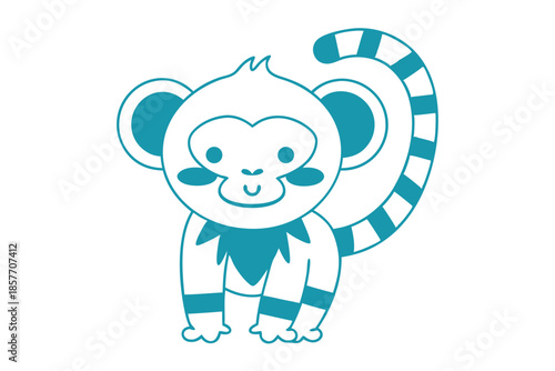 Turquoise monkey with striped tail smiling sweetly stands cheerfully against the white background