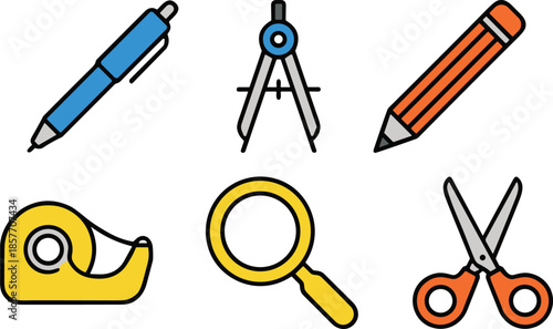 School supplies, office tools, stationery items, pencil, compass, scissors, tape dispenser, magnifying glass, drawing, cutting, measuring