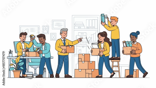 Team Relocation - Office Staff Moving Boxes in a New Workspace.