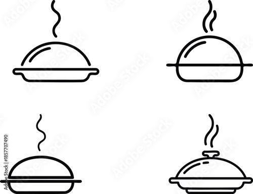 Hot Food Service Icons, Catering and Dining Line Icons, Hot Dish Cloche Symbols, Restaurant Platter Icon Set, vector, illustration
