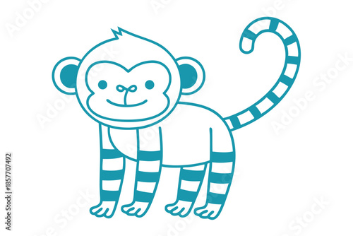 Turquoise monkey stands cheerfully with striped limbs and a swirled tail on a white canvas