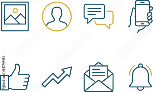 Social media icons, digital communication, user interaction, messaging, notifications, smartphone usage, media sharing, online engagement, profile symbol, speech bubbles, thumbs up