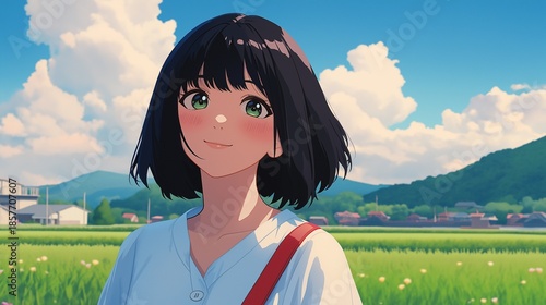 A cheerful Japanese anime style illustration of a cute girl with short black hair smiling brightly in a green countryside field with mountains in the distance