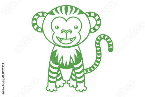 The green smiling cartoon monkey with striped limbs and ears stands cheerfully