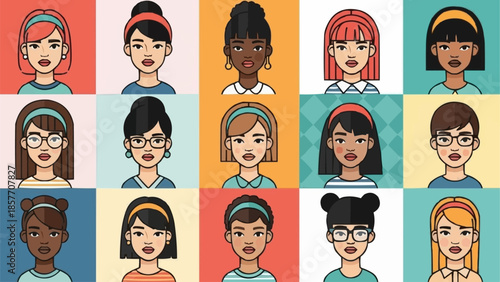 Diverse collection of cartoon women avatars with various hairstyles and skin tones.