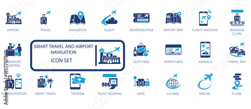 Smart travel and airport navigation icon set featuring flight tracking, boarding pass, passport control, baggage claim, ticket booking, and tourism app interface symbols.