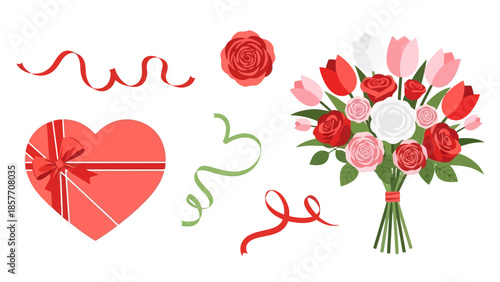 Vector illustration of a heart-shaped gift with red ribbon and a bouquet of roses in various shades