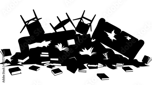 A silhouette image showing a destroyed room with fallen furniture and scattered books