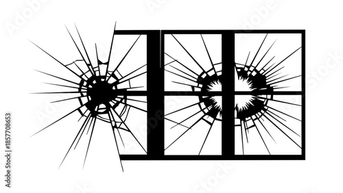 A broken window glass with shattered pattern. The image features a clear view of a broken window. The image evokes a sense of damage and destruction.