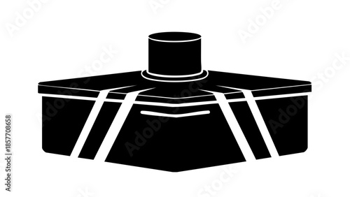 Geometric black and white illustration of a rectangular structure with a cylindrical tower, showcasing symmetrical lines and a modern design