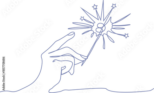 Female Hand Holding a Sparkler Firework in Abstract Continuous One Line Art Style, Minimalist Celebration Vector for New Year and Festive Events