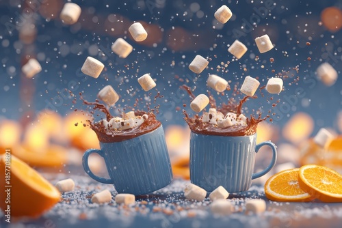 cozy hot chocolate scene with marshmallows flying over mugs and festive orange slices.