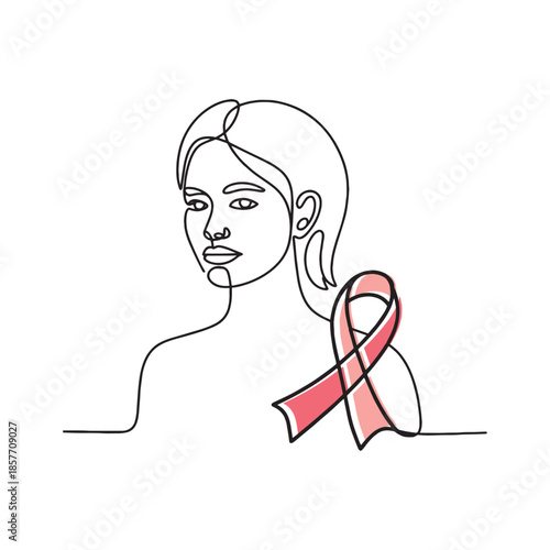 Continuous Line Drawing of Woman with Pink Breast Cancer Ribbon