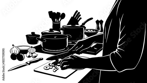 A person expertly chopping vegetables in a kitchen, set to prepare a delicious meal. The scene is full of various cooking essentials and tools, highlighting culinary activities.