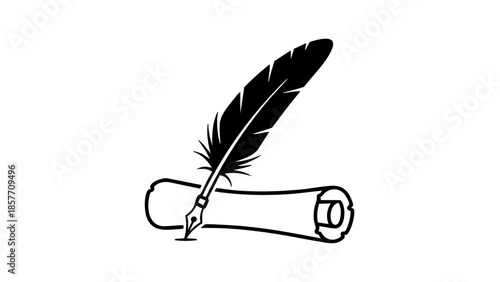 A classic illustration featuring a feather quill pen resting atop a rolled scroll, capturing the essence of writing and documentation.