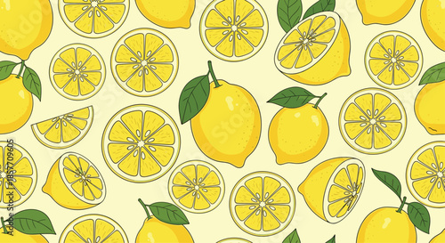 A vibrant and refreshing seamless pattern featuring bright yellow lemons, both whole and sliced, with green leaves on a pale background.