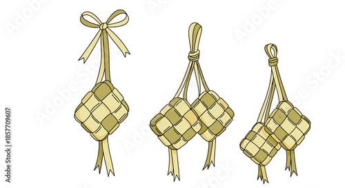 A set of three traditional Ketupat rice dumpling illustrations, a key symbol of Eid al-Fitr celebrations, shown in various arrangements.