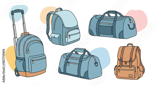 A versatile collection of various travel bags and luggage, including a rolling suitcase, backpacks, and duffel bags in a cool sketch style.