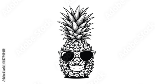 A cool pineapple character wearing sunglasses and smiling, illustrated in a detailed black and white vintage engraving sketch style.