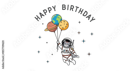 An adorable cat astronaut floating in space and holding planet-shaped balloons with "Happy Birthday" text for a cosmic celebration.