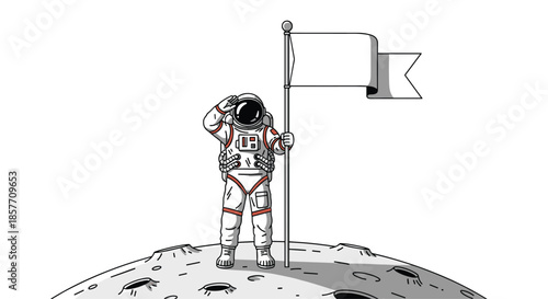 An astronaut standing on the moon's cratered surface, saluting and holding a blank white flag for a custom message or logo design.