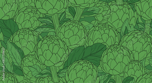 A dense seamless pattern of fresh green artichokes with leaves, illustrated in a detailed, monochrome green line art style for textiles.