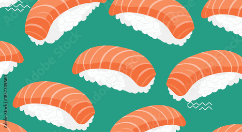 A delicious and modern seamless pattern of salmon nigiri sushi on a vibrant green background, perfect for a Japanese restaurant design.