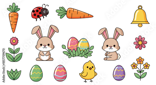 A sweet collection of cute cartoon Easter icons, including bunnies, decorated eggs, a chick, carrots, and spring flowers for the holiday.