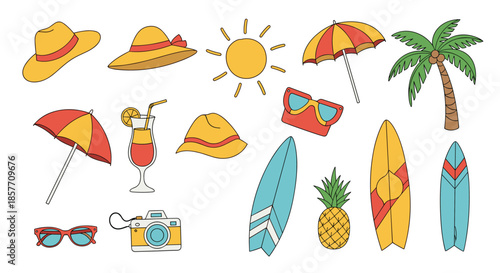 A collection of hand-drawn summer and beach vacation icons with a cute stitched outline effect, including surfboards, hats, and a camera.
