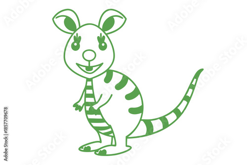 Cheerful cartoon striped wallaby character smiles with bright green outline on the white background