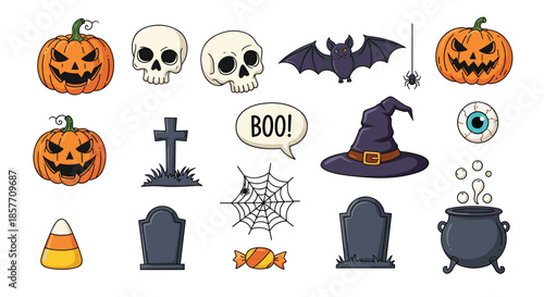 A spooky and fun collection of various colorful cartoon Halloween elements for design, including pumpkins, skulls, bats, and gravestones.