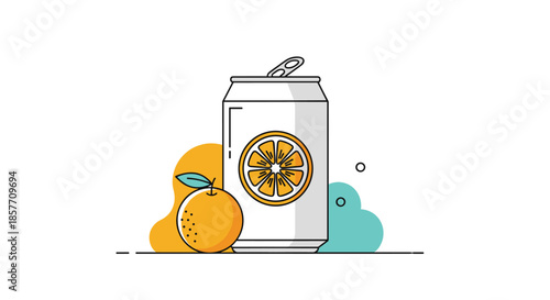 A modern flat line design illustration of an aluminum can of orange soda with a fresh orange fruit on an abstract fluid background.