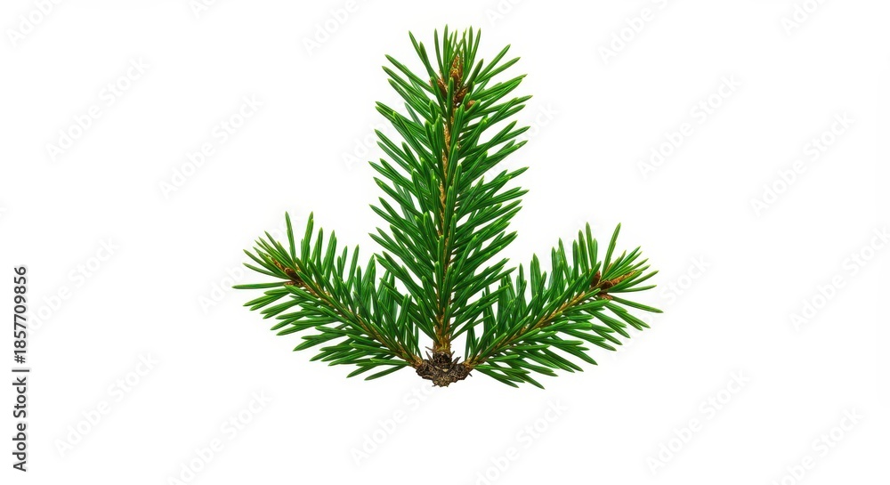 Obraz premium A single vibrant green pine branch, fully isolated on a clean white background. Perfect for winter, nature, and holiday seasonal concepts, macro, wood, nature