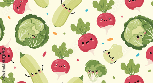 A cheerful and cute seamless pattern featuring kawaii vegetable characters with smiling faces like radishes, cabbages, and zucchini.