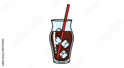 A simple cartoon illustration of a glass of cola with ice cubes and a red straw, representing a cold and refreshing fizzy beverage.